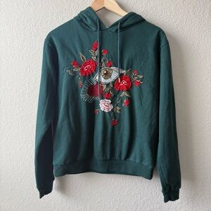 Embroidered Green Hoodie with Floral Design